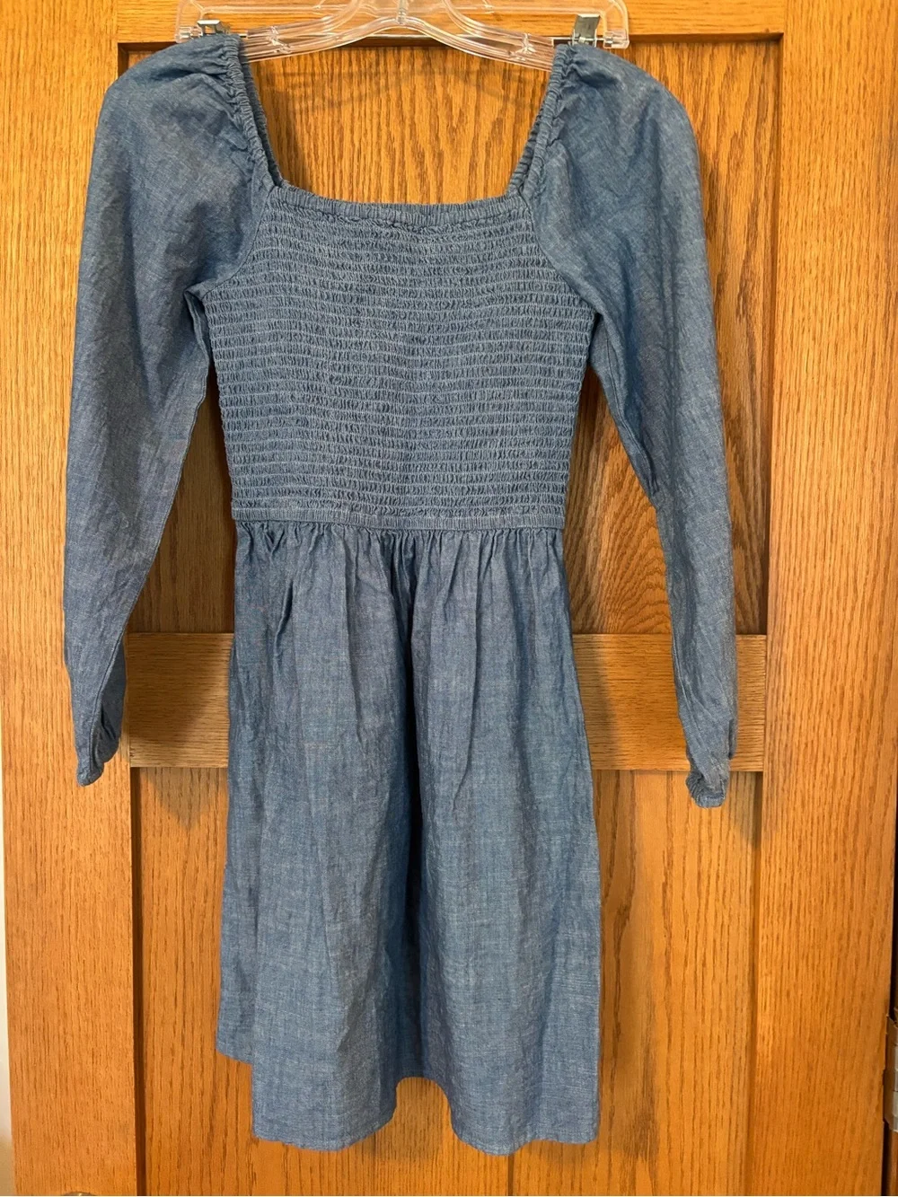 Crewcuts Smocked Square-Neck Long Sleeve Dress in Dusty Blue